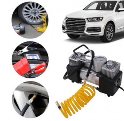 KIT AUTO PENTRU PANA, COMPRESOR AUTO CU 2 CILINDRI, 12V, METALIC + ACCESORII